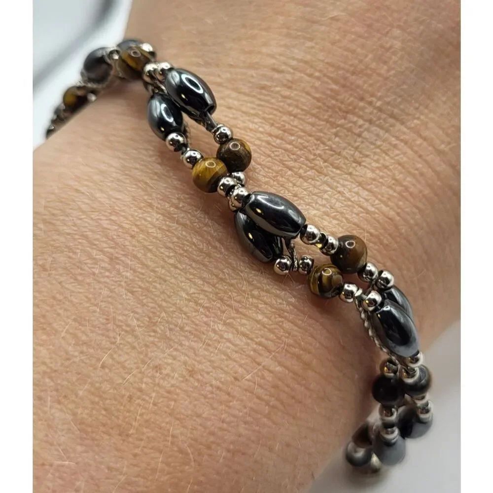 Artisan Hematite Sterling Silver Tiger's Eye Twisted Bracelet 7in